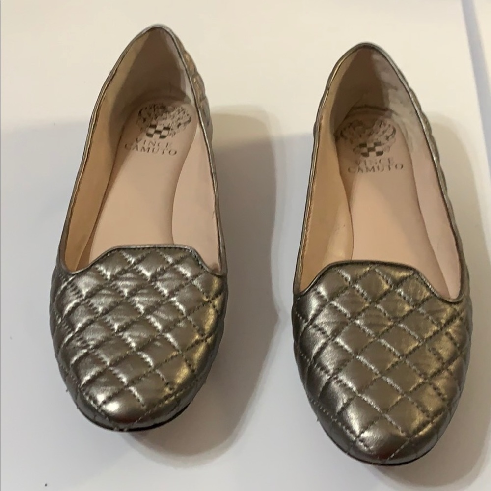 Size eight metallic pewter/dark silver loafers